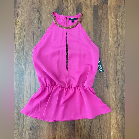 XOXO Fuchsia Halter Top with Black And Gold Lace - Picture 2 of 9